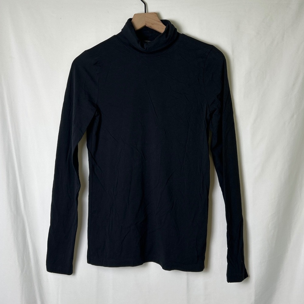J.Crew Women Solid Cotton Long Sleeve Turtleneck Top Size M Black Minimalist